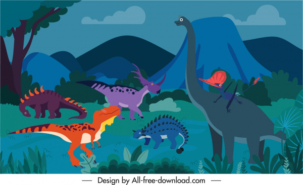dinosaurus latar belakang template kartun sketsa warna-warni desain klasik