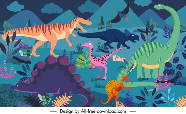 templat latar belakang dinosaurus warna-warni sketsa kartun gelap