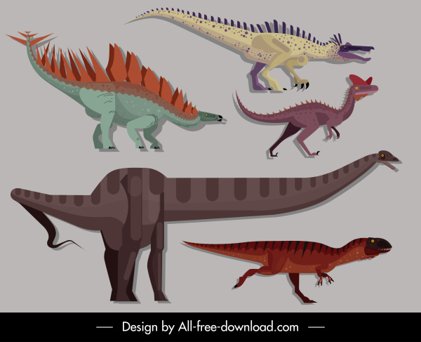 sinh vật khủng long biểu tượng đầy màu sắc cổ điển thiết kế phim hoạt hình
