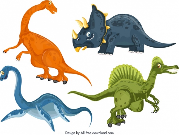 ícones de dinossauros coloridos design de personagens de desenhos animados