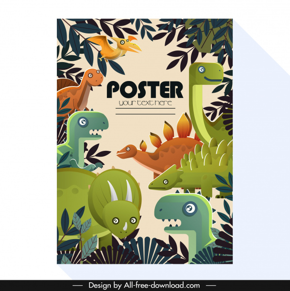 恐龙海报五颜六色的平面素描丛林装饰