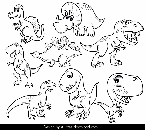 ícones de espécies dinossauros preto branco desenhado desenho animado