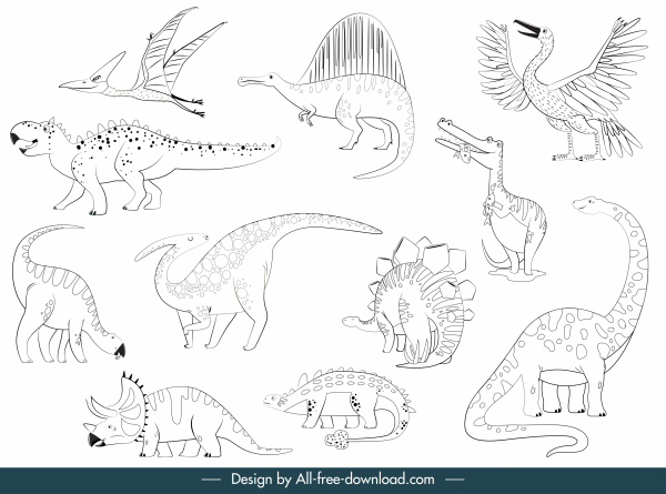 dinosaurios especies iconos blanco negro dibujado a mano bosquejo