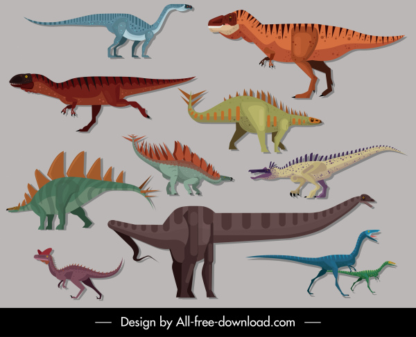 specie di dinosauri icone colorato cartone animato schizzo