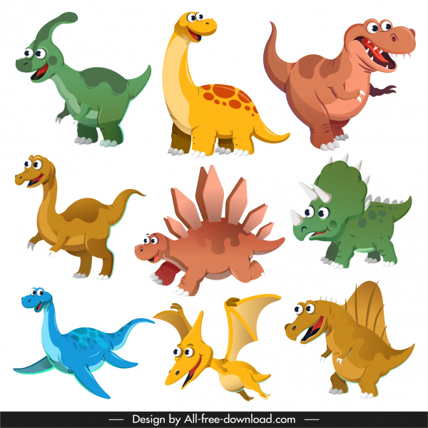 specie di dinosauri icone carino personaggi dei cartoni animati schizzo