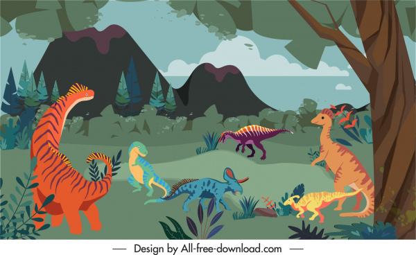 sketsa kartun latar belakang satwa liar dinosaurus