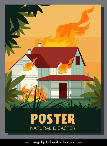 disastro poster casa fuoco schizzo colorato design dinamico