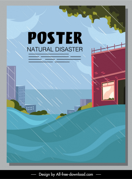 cartel de desastre tsunami lluvia boceto diseño de dibujos animados