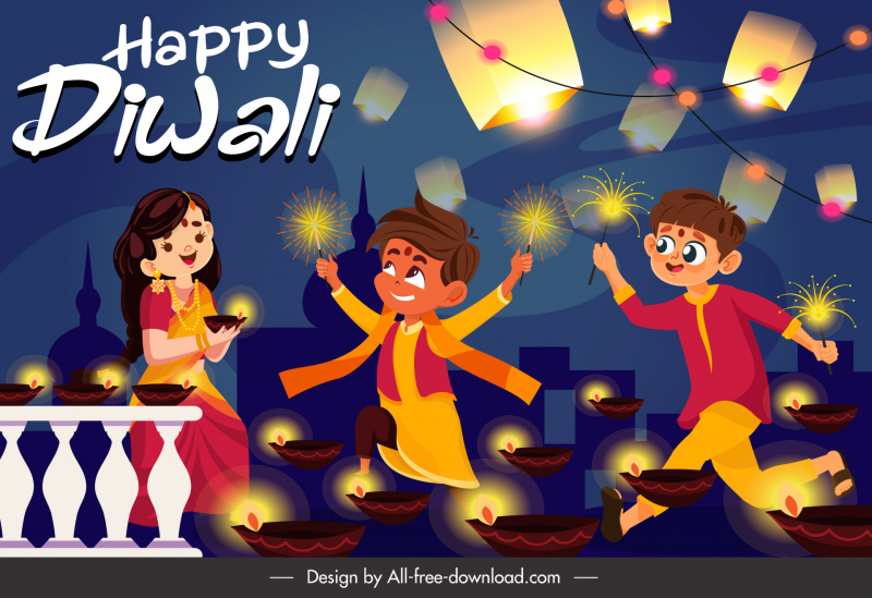 diwali festivali afişi neşeli insanlar parlayan ışıklar eskiz