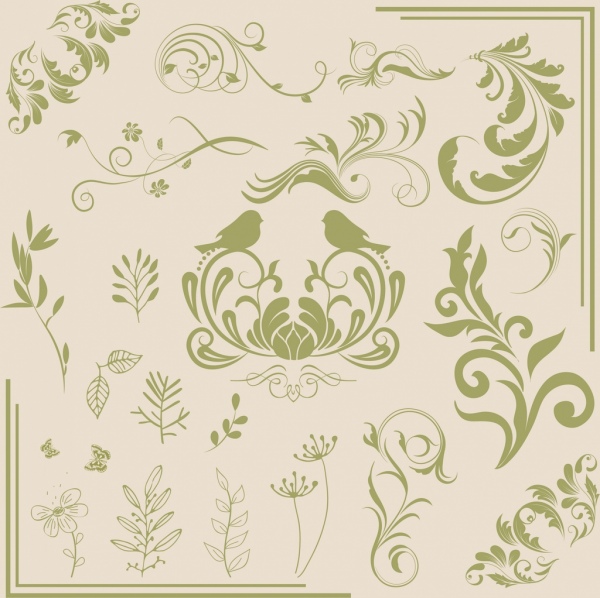 文献装饰设计元素的古典花鸟图案