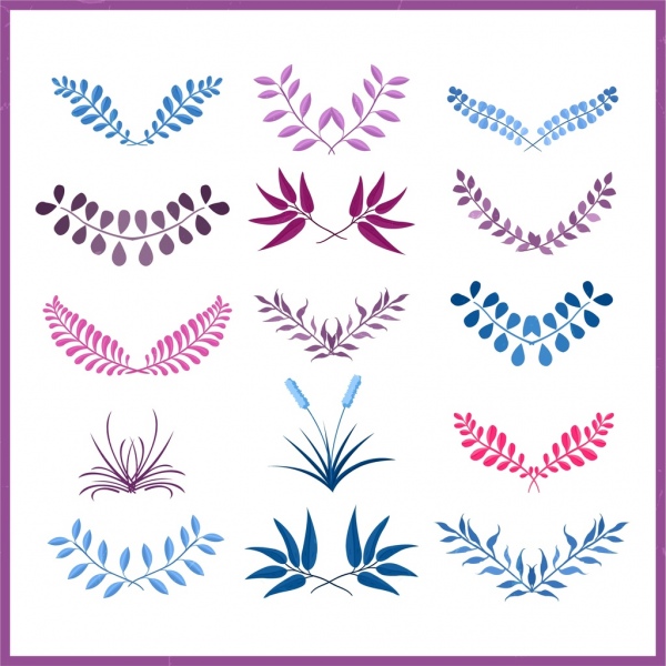 ícones de folhas coloridas de elementos de projeto decorativo de documento