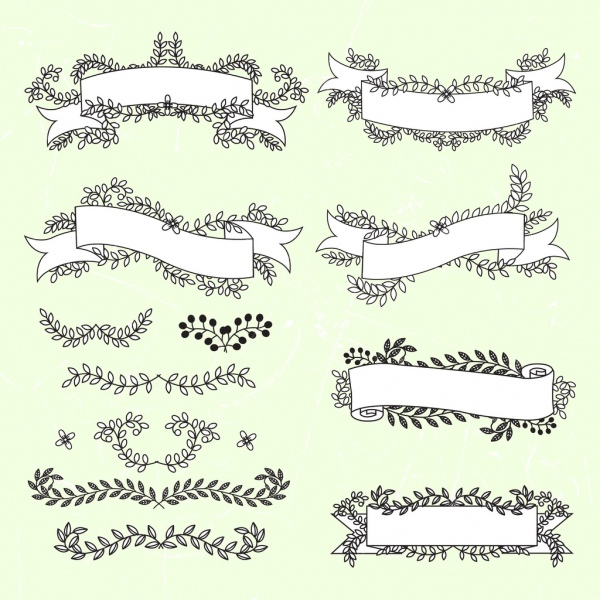 Elementos de diseño de documento decorativo cinta flores sketch