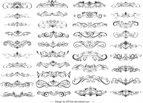 Dokument Dekorative Elemente Sammlung Elegante symmetrische Kurven Skizze