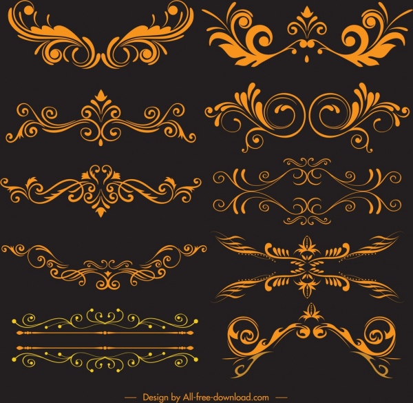 documents éléments décoratifs élégantes courbes symétriques dorées croquis