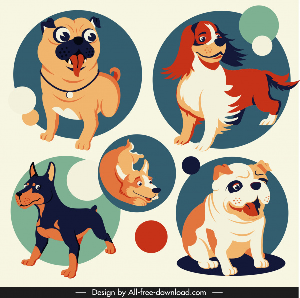 cão avatar ícones bonito cartoon esboço círculo isolamento