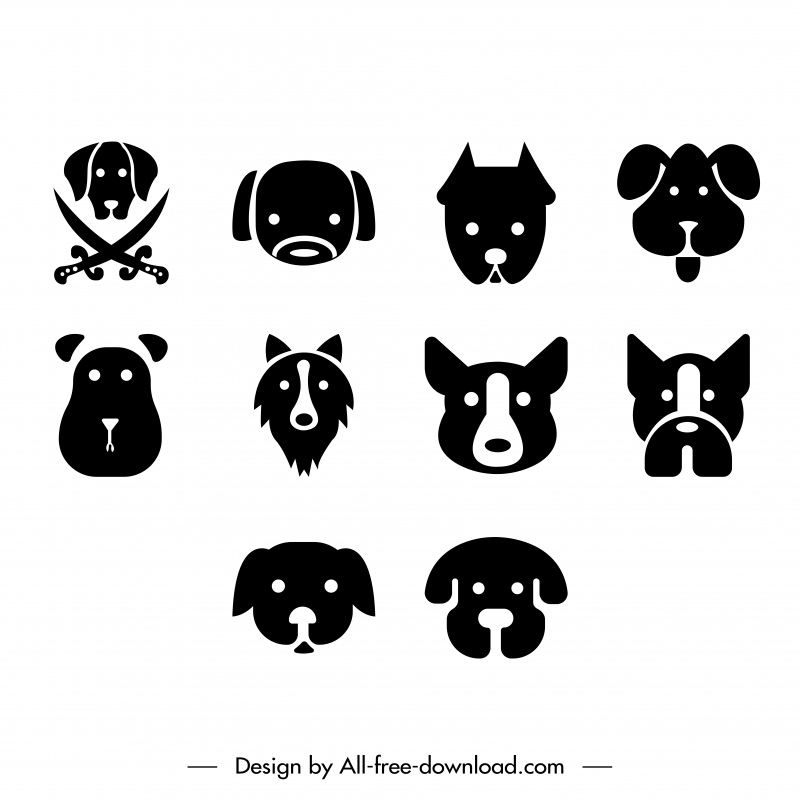 ícone do cão define o contorno plano de rostos brancos pretos