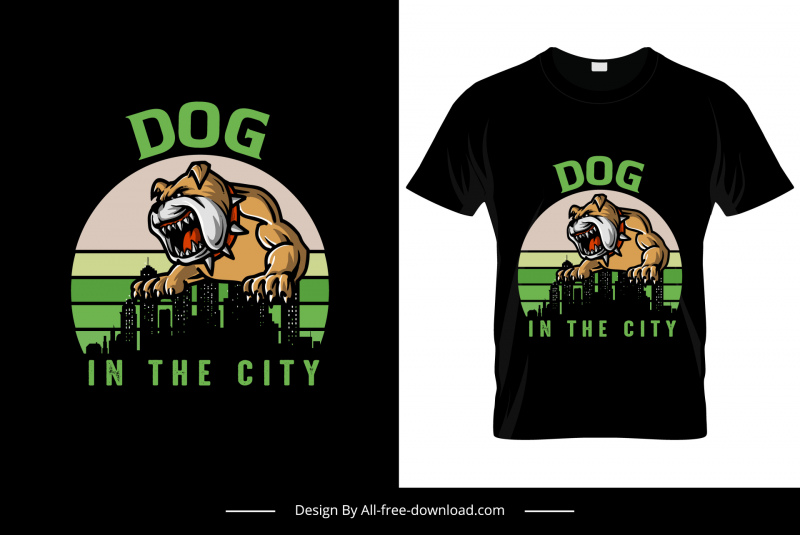 สุนัขในเมือง tshirt แม่แบบมืดเงาเมืองฉากตกแต่งร่างสุนัขป่าเถื่อน