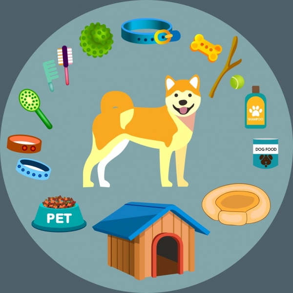 Perro mascota accesorios iconos 3D Diseño de colores