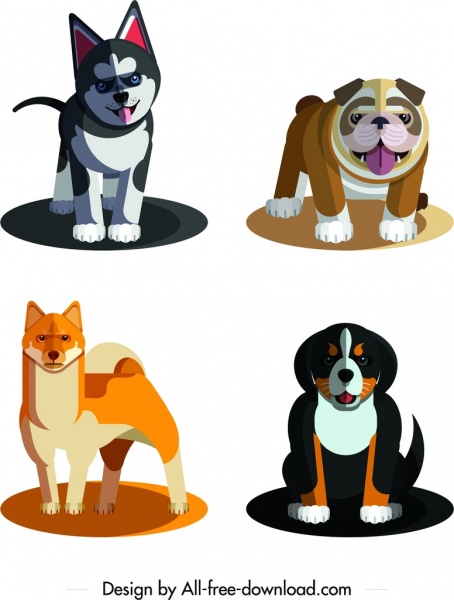 espèces de chien icônes mignons personnages de dessin animé