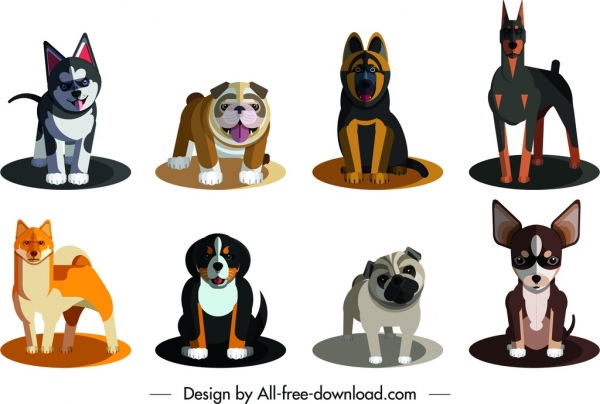 niedlichen Hund Arten Symbole farbige Cartoon-design
