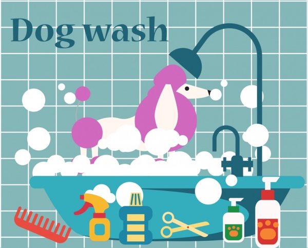 cane lavare prodotti disegno colorato stile cartone animato