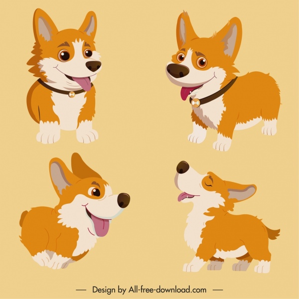 ícones de cão bonito dos desenhos animados esboço alegre gesto