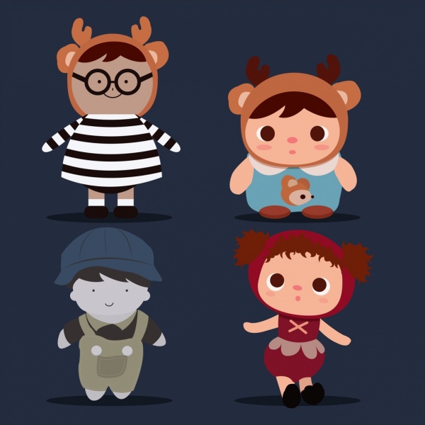 collection d’icônes de poupées mignonnes costumes design cartoon coloré