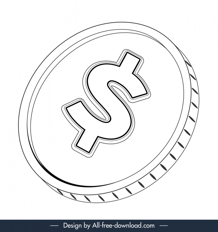ドルコインサインアイコン黒白3D円形状アウトライン