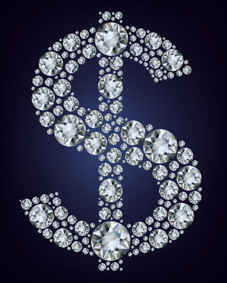 Signo de dólar con diseño vectorial de diamantes