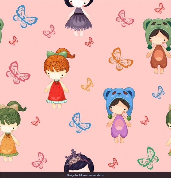 Bonecas de borboletas, desenho de personagens de desenhos animados bonitos de decoração padrão