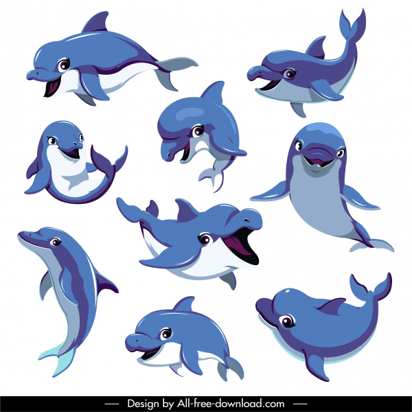 ikony delfinów śmieszne kreskówki projekt ruchu szkic