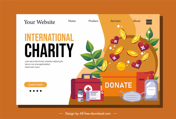 doação webpage modelo corações moedas esboço de suprimentos médicos