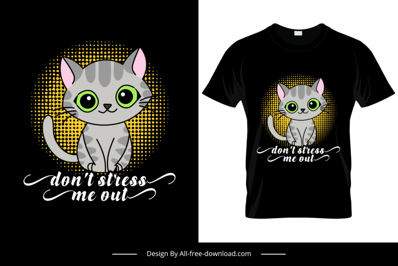 stressen Sie mich nicht T-Shirt-Vorlage süße Cartoon Kätzchen Skizze dunkles Design