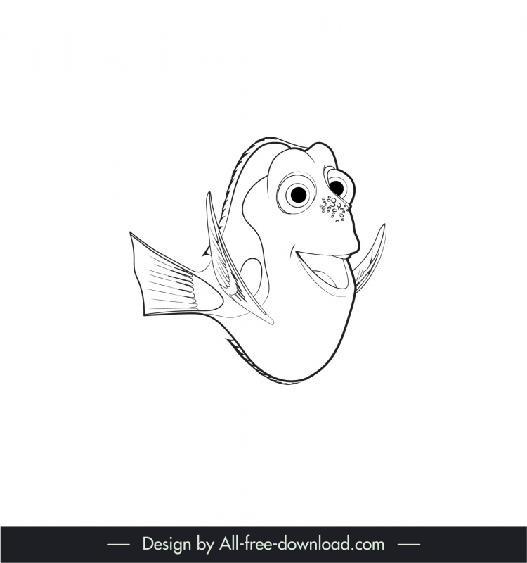 dori nemo balık simgesi sevimli siyah beyaz elle çizilmiş karikatür taslağı bulma