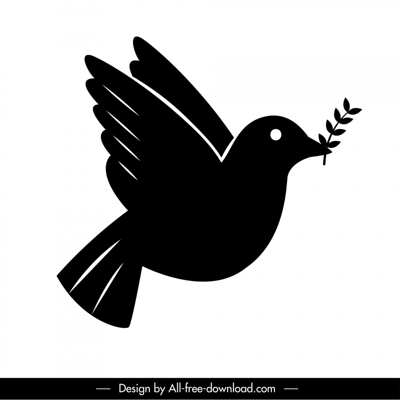 ícone da pomba voando delineamento da silhueta branca preta