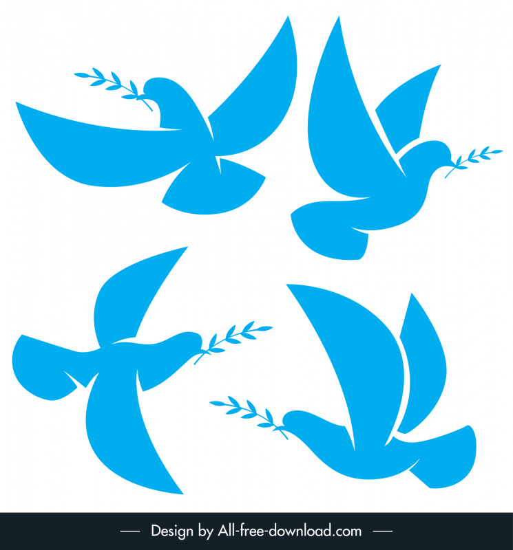 ícones de pomba plana silhuetas azuis dinâmicas contorno