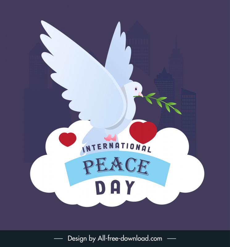 Plantilla de banner del Día de la Paloma de la Paz Boceto de corazones de nube de paloma plana