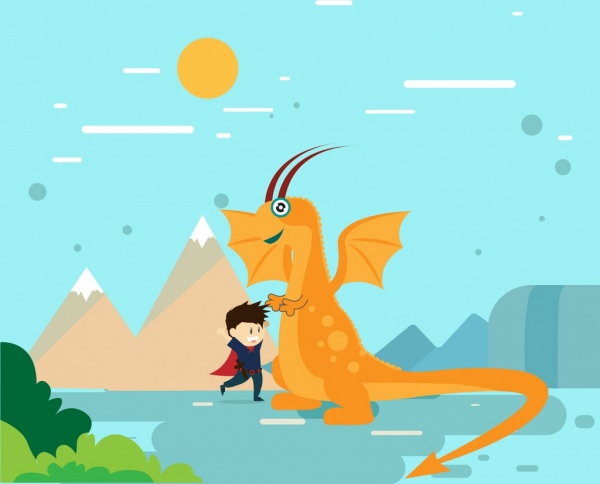 drago e eroe sfondo colorato stile cartone animato