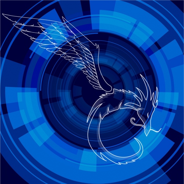 Dragão handdrawn de fundo croqui decoração azul círculos