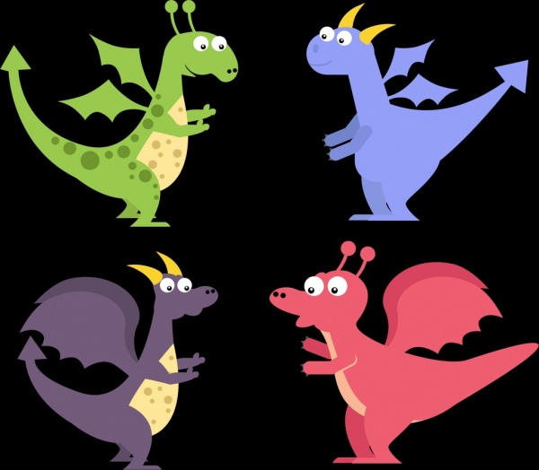 coleção de ícones de dragão colorida estilo cartoon estilizado