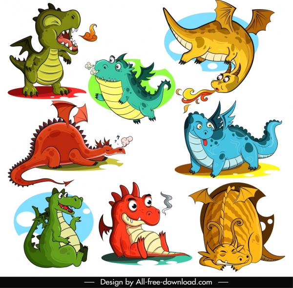 ícones do dragão bonito desenhos animados esboço personagens