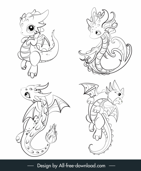 ícones de dragão desenho animado bonito preto branco desenhado à mão
