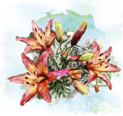 desenhado em aquarela flor arte fundo vector conjunto