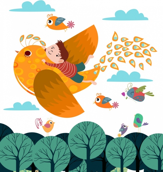 Träumen Sie Hintergrund fliegende Vögel Symbole farbige Cartoon-design