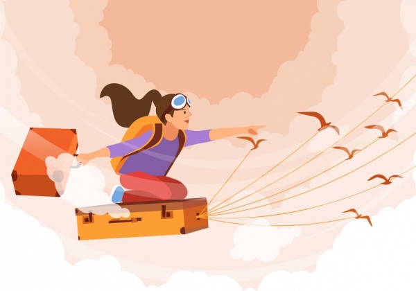 Fondo de sueño volando chica maletas diseño de dibujos animados de aves