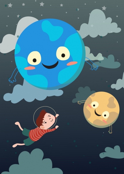 мечта фон Летающий ребенок стилизованные иконки планет