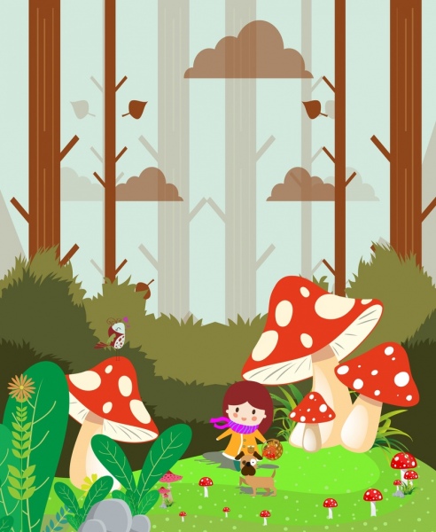 夢幻背景女孩巨型蘑菇圖標卡通