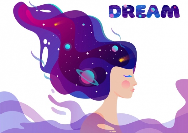 sonho de ícones de universo do fundo garota cabelo planetas esboçar