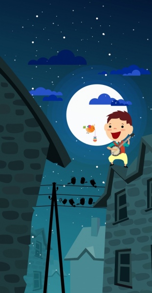 ฝันพื้นหลังไอคอนสนุกสนานนกเด็ก แสงจันทร์