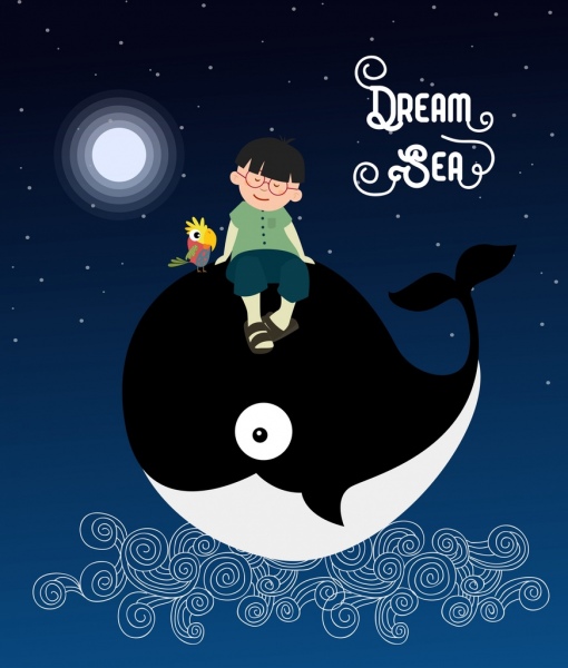 ฝันออกแบบการ์ตูนไอคอนพื้นหลังเด็กปลาวาฬ